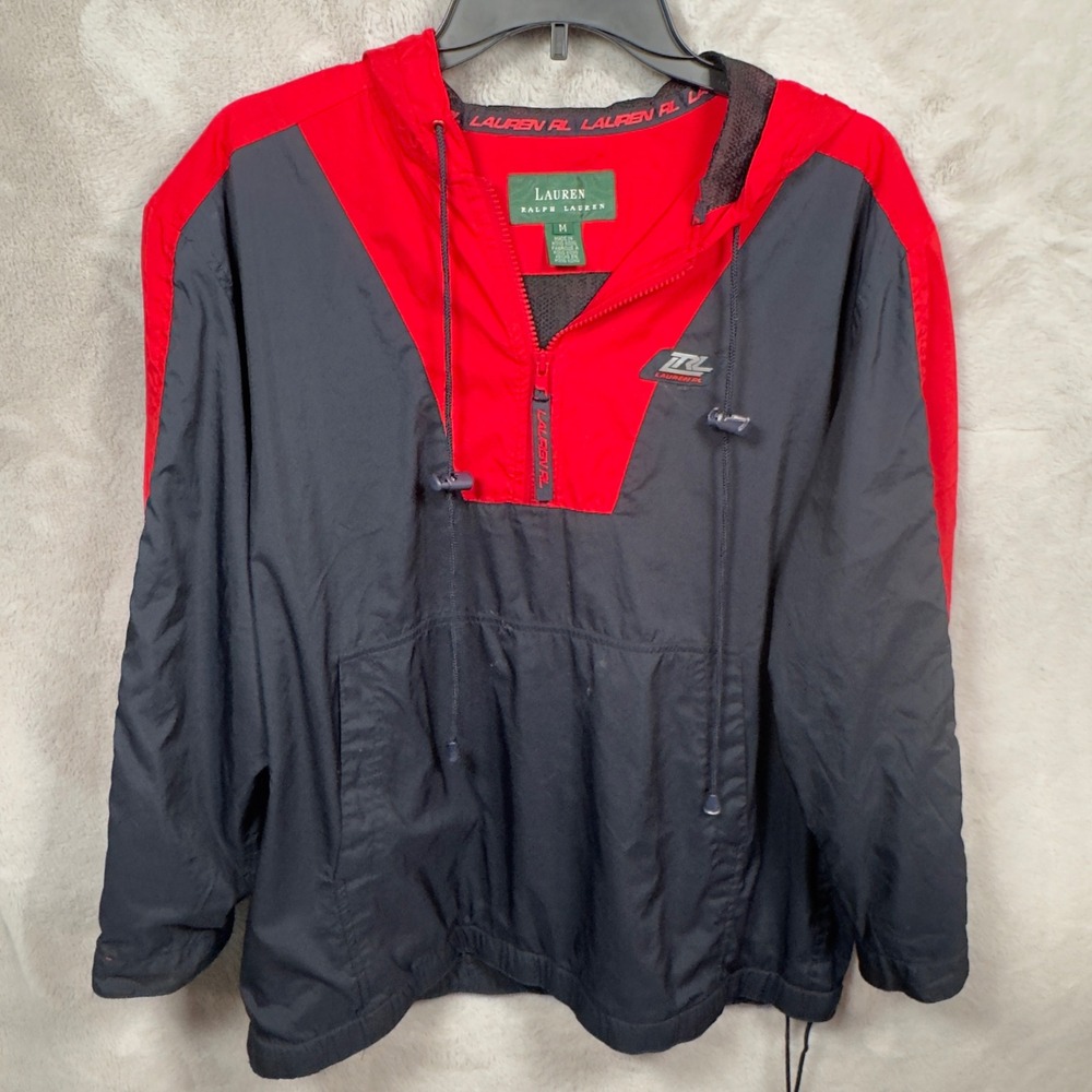 Lauren Ralph Lauren Hooded Track Jacket‎ Mens M Red Black Preppy Oldmoney